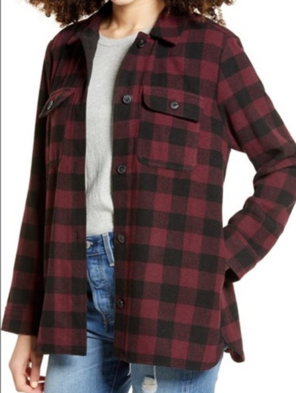 NWT BP Nordstrom Plaid Flannel Shirt Jacket Shacket Small Burgundy Buffalo Check